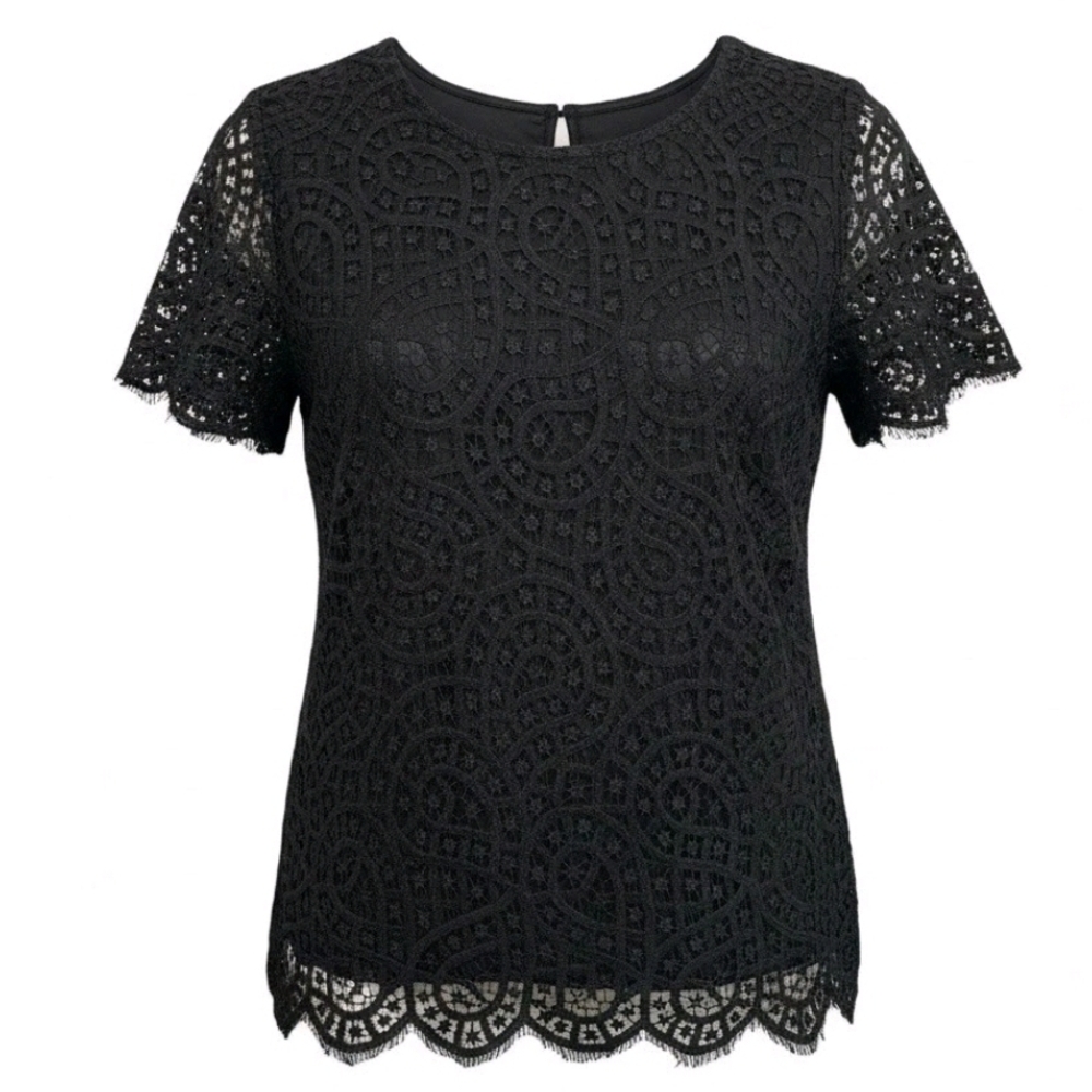 Philosophy Black Lace Short Sleeve Top Lined Scalloped Hem Women's Size M